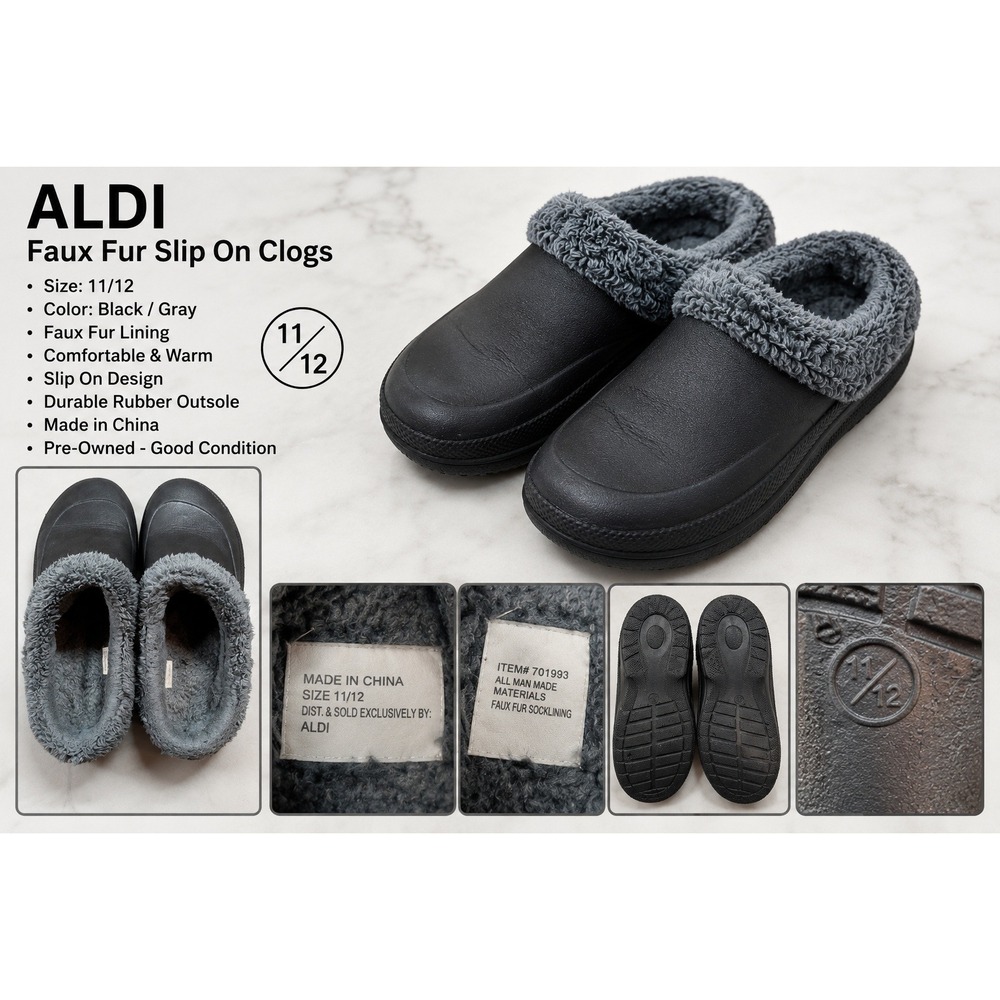 Aldi Crane Black Garden Clogs Faux Fur Lined Slip On Mules Men 11/12 701993
